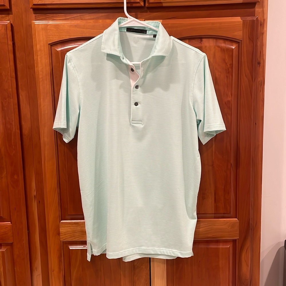 Men’s new Greyson Polo. Size Small. Teal and White Saranac